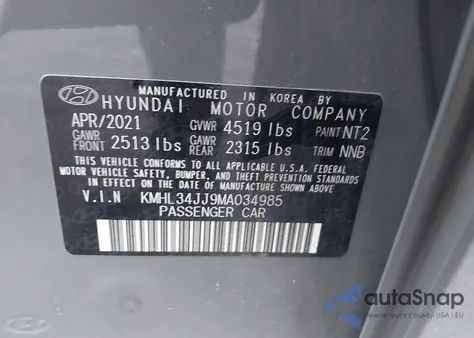 2021 Hyundai Sonata Sel из США, поврежденный, VIN KMHL34JJ9MA034985